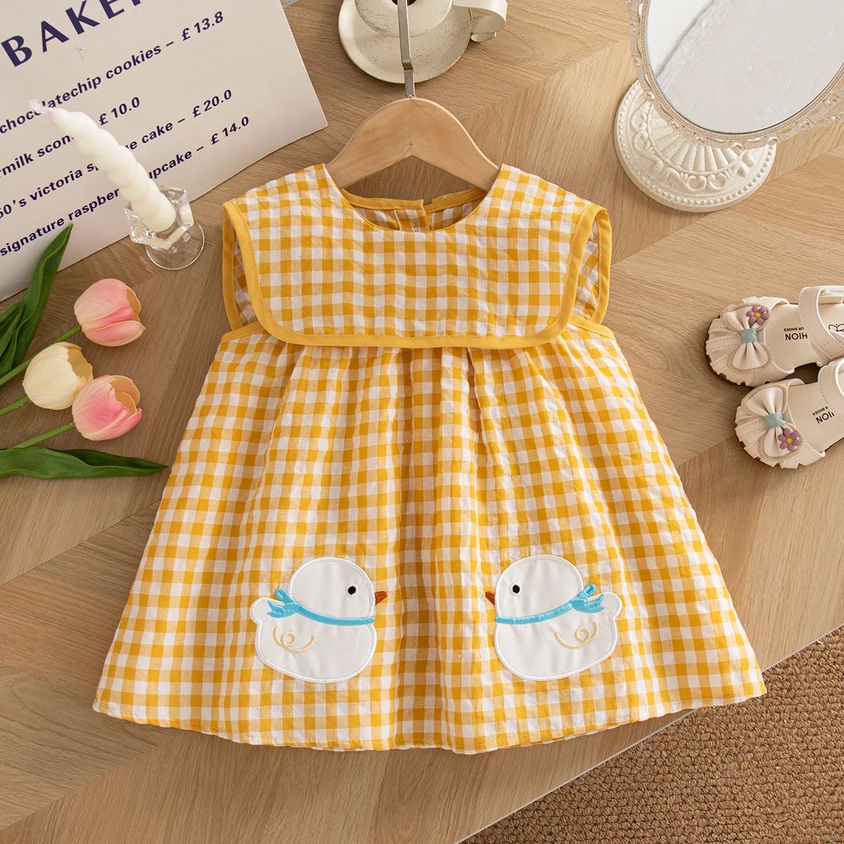 Girls Dresses Summer Cotton Solid Color Plaid Sleeveless Bab图片