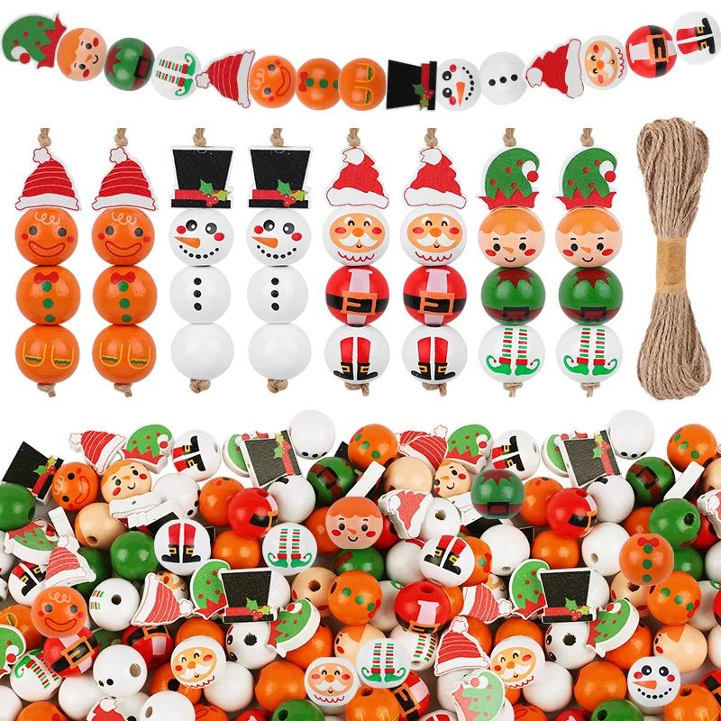 48/80Pcs DIY Christmas Wooden Beads Set Santa Snowman Elf Ga