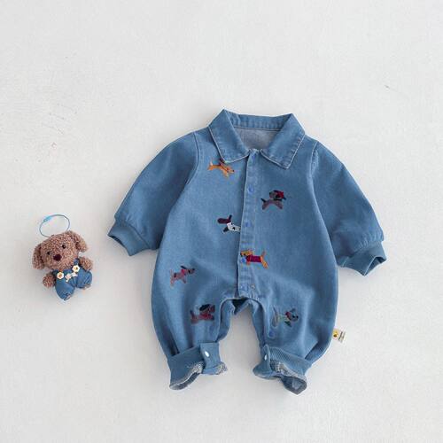Baby one-piece suit, denim autumn wear, embroidered outdoor