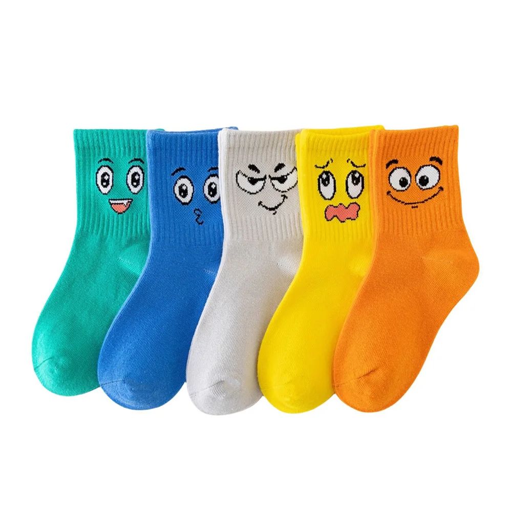 5 Pairs Kids Socks Emoticons Funny Face Pattern Comfortable