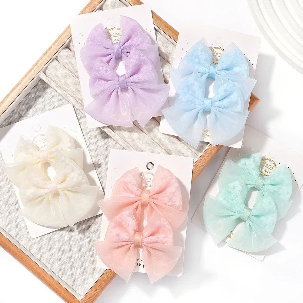 2pcs/set Lovely Lace Bows Hair Clips for Girls Sweet Solid C