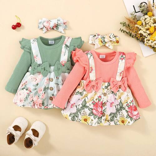 2PCS born Baby Girl Clothes Long Sleeve Bodysuit Flower Dres