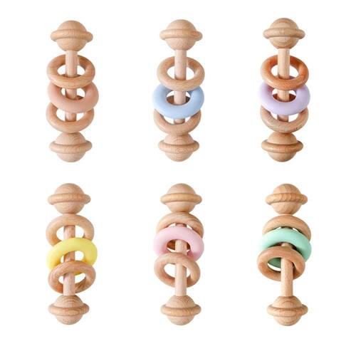 1Pc Baby Wooden Rattle Teether Toys Beech Wooden Ring Star H