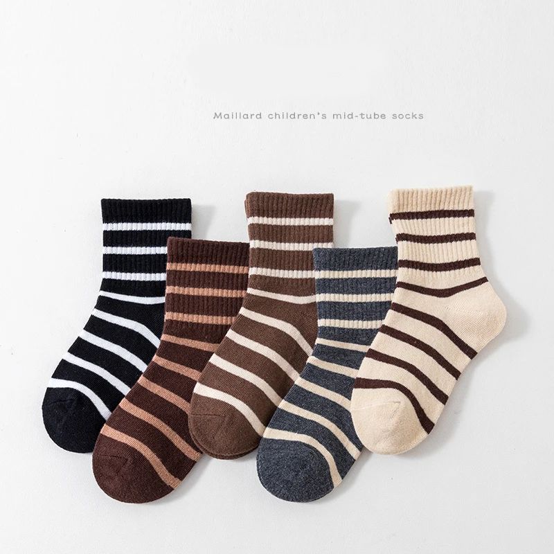 5 Pairs Classtic Striped Kids Boys Mid-calf Socks Casual