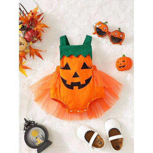 Baby Girl Cute And Sweet Pumpkin Shaped Patchwork Mesh Dress