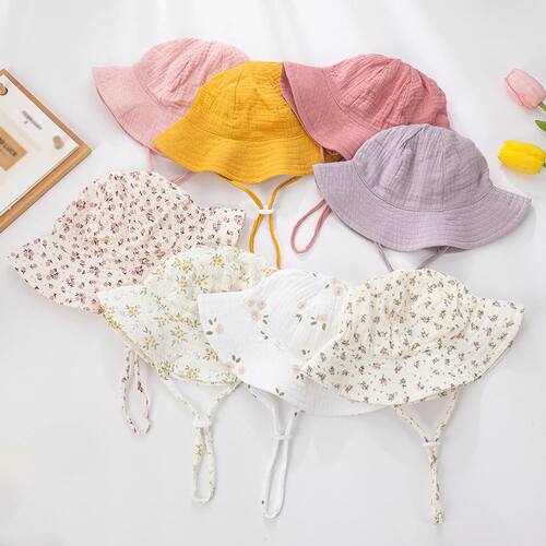 Floral Print Baby Bucket Hats Adjustable Solid Caps for Infa