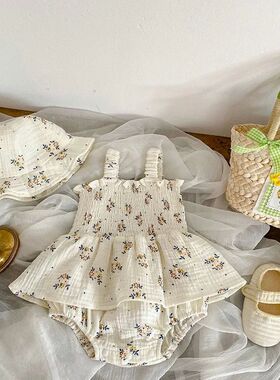 2PCS Summer Linen Floral Infant born Baby Girls Bodysuit Act