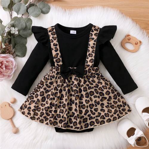 born Baby Girl Romper Dress Long Sleeve Leopard Dresses with