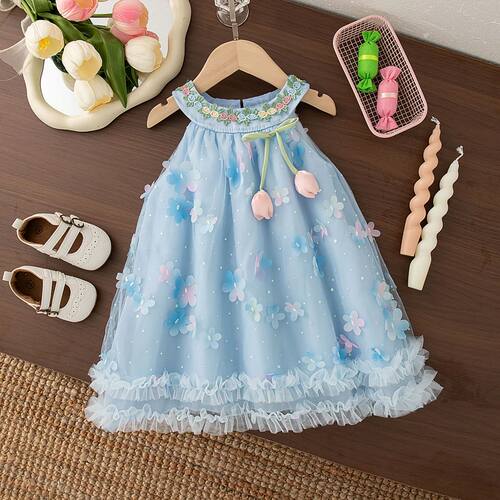 Summer Toddler Girl Princess Dress Flower Embroidered Bow Bl