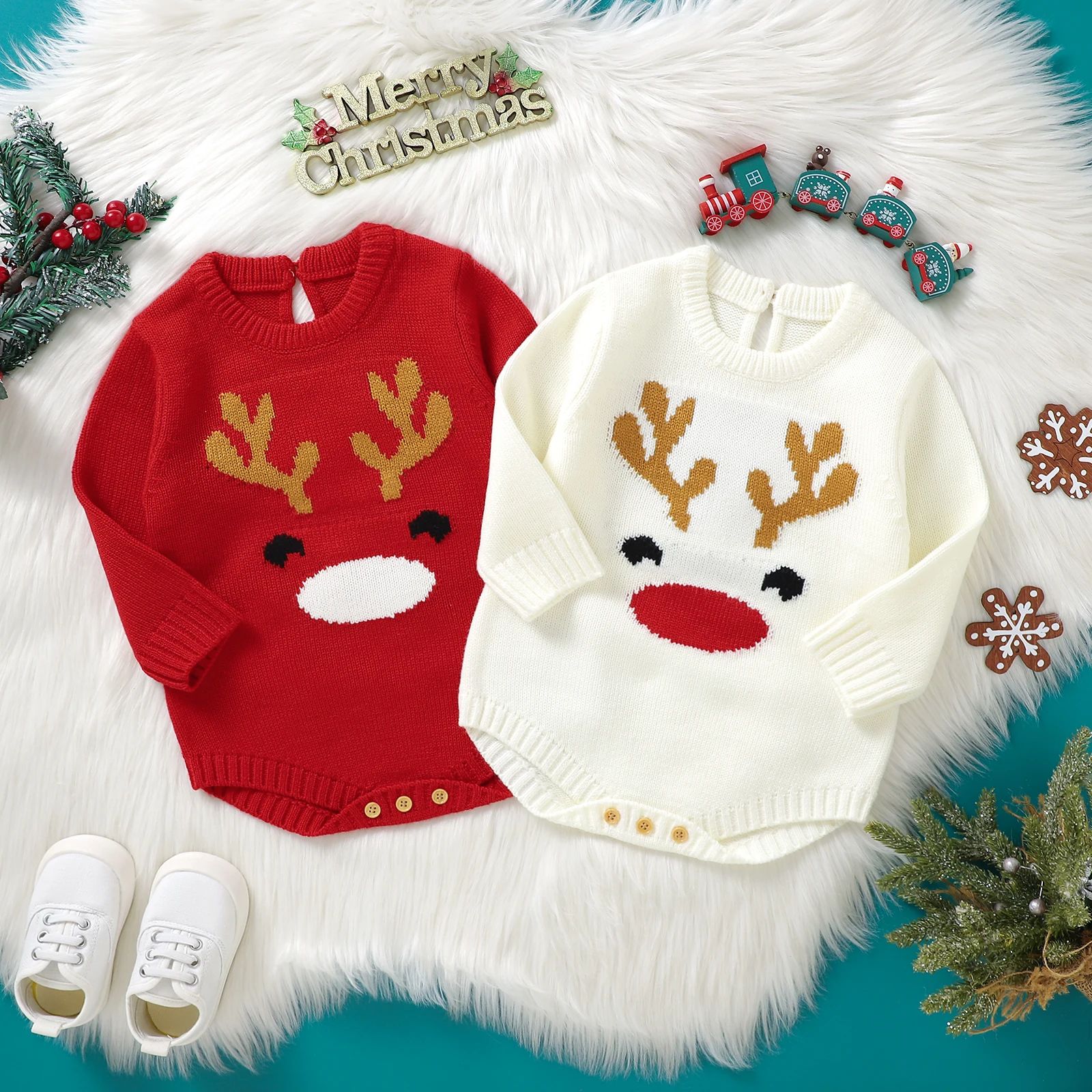 Baby Christmas Warm Sweater Romper Long Sleeve Crew Neck Dee
