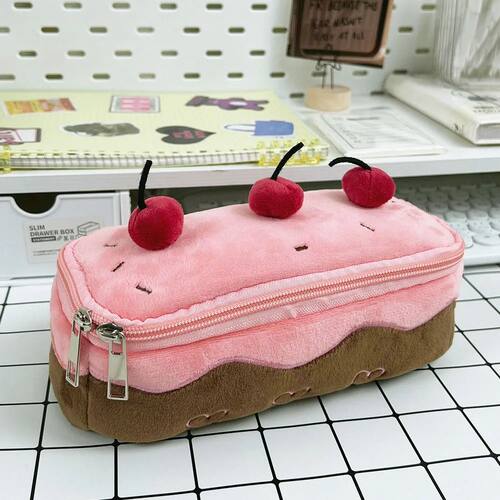 Cute Pencil Bag Plush Cherry Cake Pencil Case Large Capacity