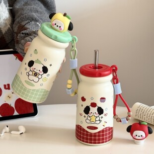 2025新款不锈钢高颜值大容量卡通保温杯女生便携可爱提绳吸管保温