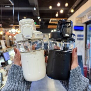 简约大容量双饮玻璃杯女生便携咖啡杯带吸管杯子学生上学专用水杯