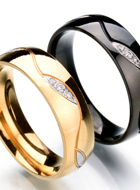 欧美热销新款 不锈钢金色间金镶3颗钻戒指 情侣对戒速卖通爆款