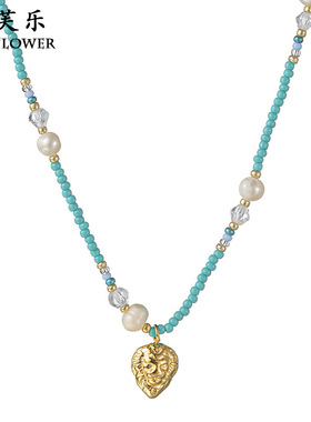 跨境爆款蓝色串珠拼接珍珠项链女钛钢吊坠小众锁骨链百搭优雅饰品