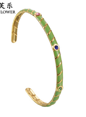 跨境新款锆石滴油罗纹开口手镯女轻奢百搭复古手饰情侣学生礼饰品