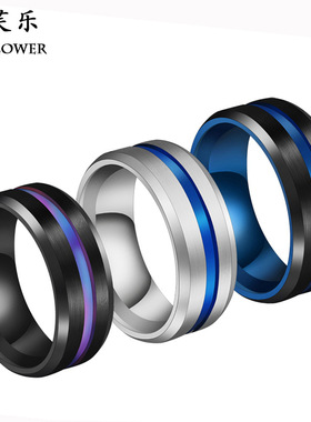 欧美时尚简约8MM彩色钛钢凹槽戒指 拉丝彩色戒指女指环节日礼物