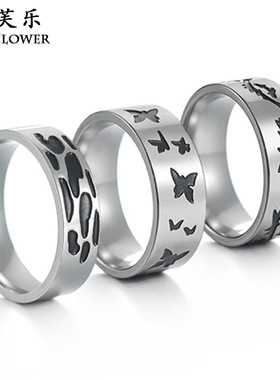 欧美钛钢嘻哈滴油士食指戒指跨境新款不锈钢潮牌个性指环女礼物