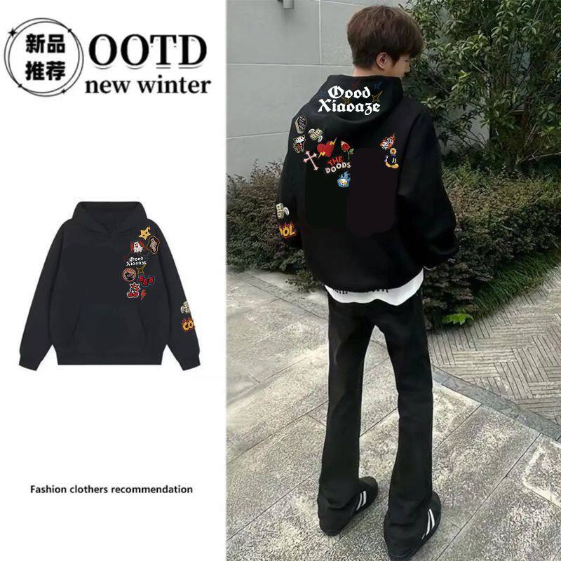 秋冬季美式潮牌设计感印花纯棉连帽卫衣男女情侣韩版加绒加厚帽衫