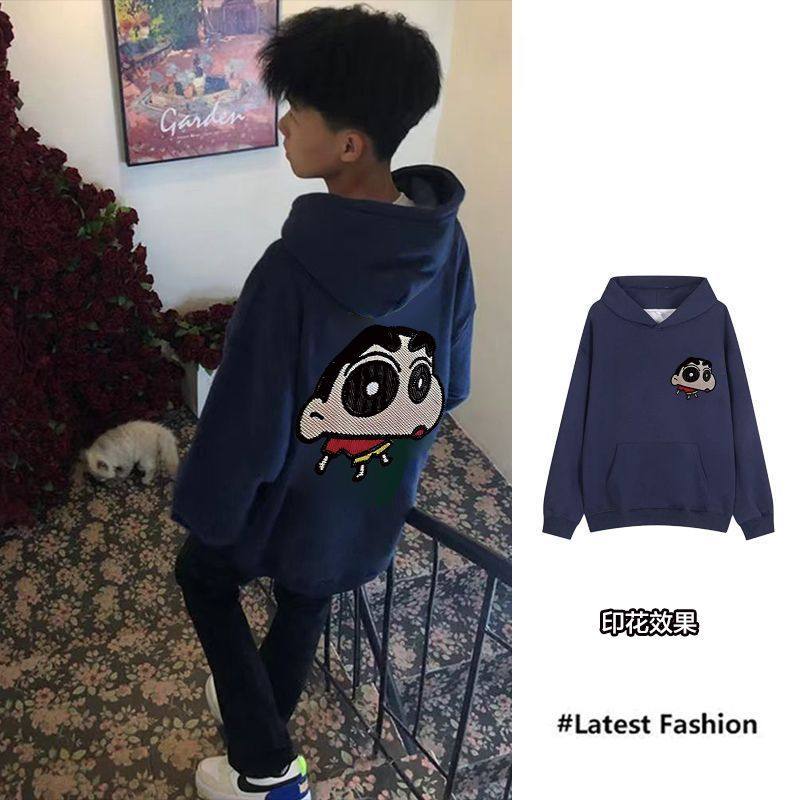 藏青色秋冬ins卡通印花加厚加绒情侣连帽卫衣男女原宿风纯棉帽衫