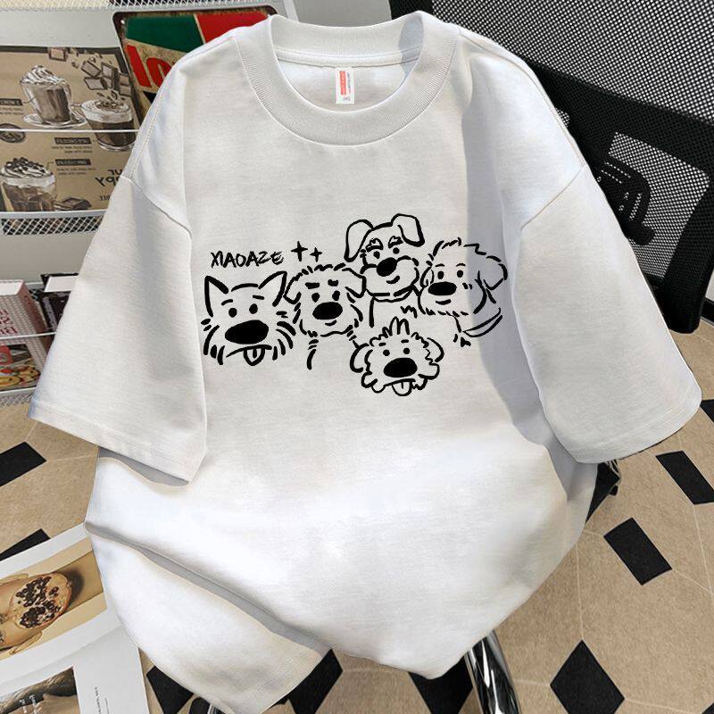 纯棉港风可爱手绘小狗印花t恤情侣装ins夏季百搭男女上衣白色短袖