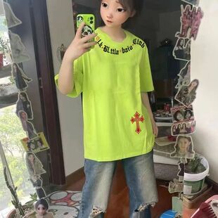 荧光绿纯棉美式短袖T恤男女小众设计感个性字母情侣半袖上衣衣服