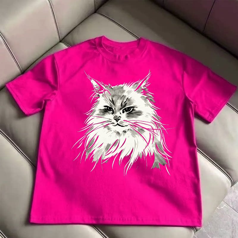 100%纯棉复古素描猫印花短袖T恤潮流宽松男女玫红色夏季百搭上衣