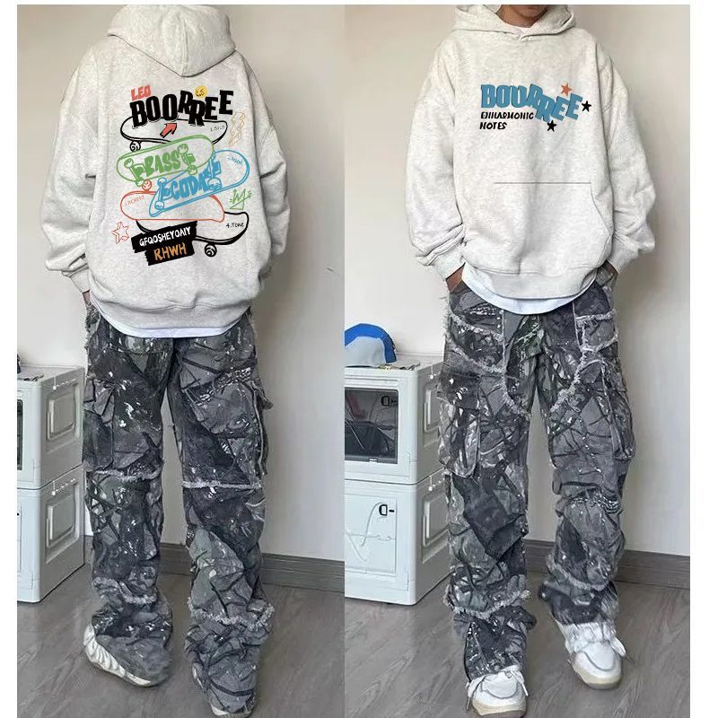 花灰色秋冬美式街头印花男女帽衫纯棉情侣款百搭加绒加厚连帽卫衣