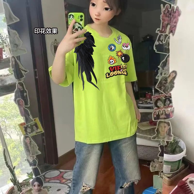 荧光绿纯棉重磅T恤男女情侣装短袖夏季卡通翅膀印花半袖学生上衣