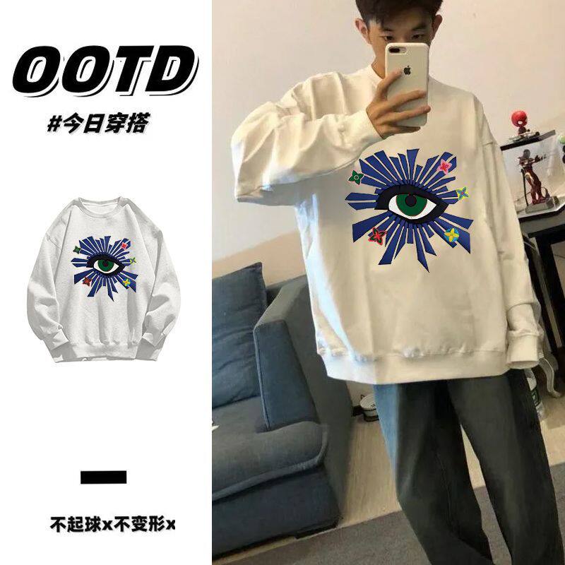 秋冬季新款加绒加厚无帽圆领卫衣男女潮流美式印花宽松情侣款上衣