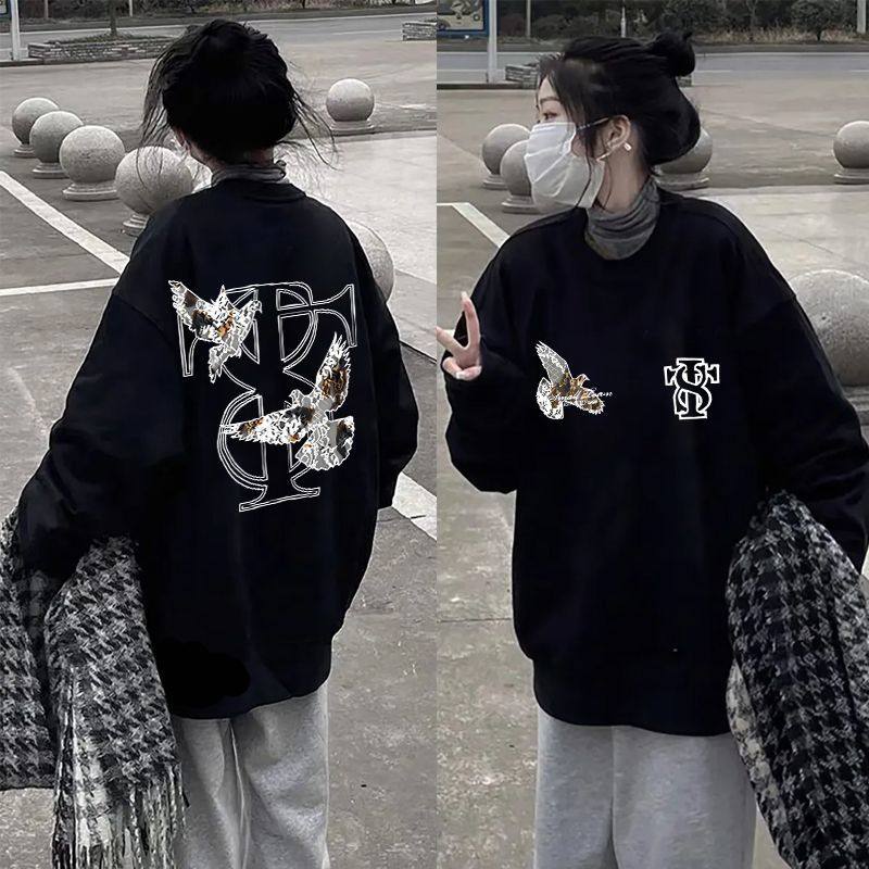 秋冬原宿风加厚加绒宽松圆领卫衣男女情侣款日系印花纯棉无帽上衣