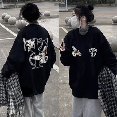 秋冬原宿风加厚加绒宽松圆领卫衣男女情侣款日系印花纯棉无帽上衣