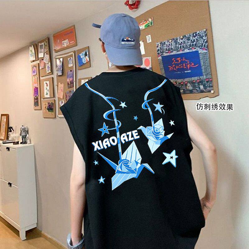 夏季潮流高街复古背心男女运动宽松纯棉港风休闲坎肩印花无袖t恤
