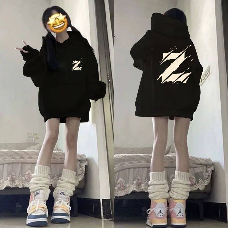 秋冬ins男女韩版潮流情侣加厚帽衫百搭潮牌印花加绒纯棉连帽卫衣