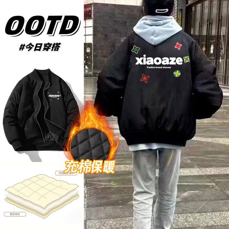 美式秋冬款飞行员加厚夹克男女外套印花复古休闲宽松情侣款棒球服