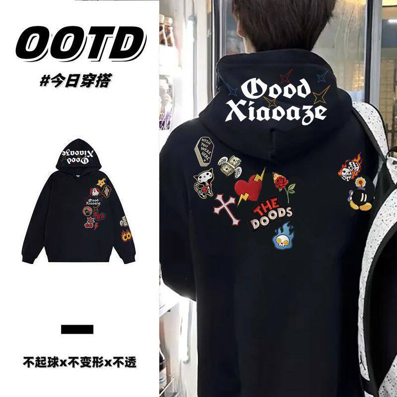 秋冬季美式潮牌设计感印花纯棉连帽卫衣男女情侣韩版加绒加厚帽衫