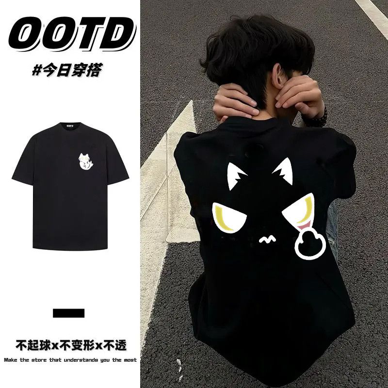纯棉重磅潮流港风卡通猫咪印花短袖T恤男女夏季百搭ins潮黑色上衣