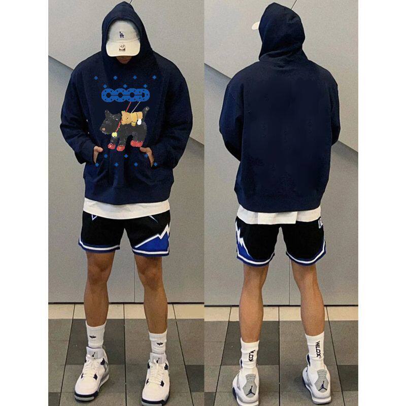 藏青色重磅美式卡通男女连帽卫衣秋冬加绒加厚ins慵懒风情侣帽衫