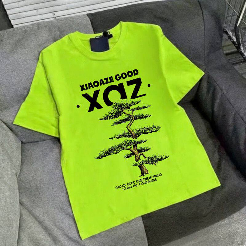 荧光绿美式潮牌复古T恤短袖ins男女夏季重磅纯棉百搭圆领印花上衣