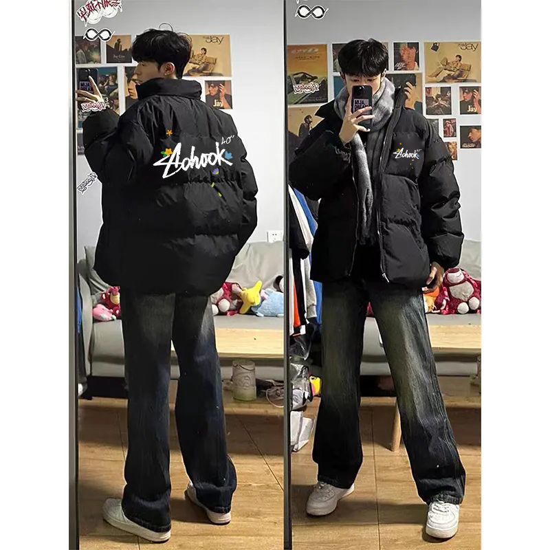 港风潮流棉服2025无帽款日系冬季棉袄时尚男女宽松印花棉衣面包服