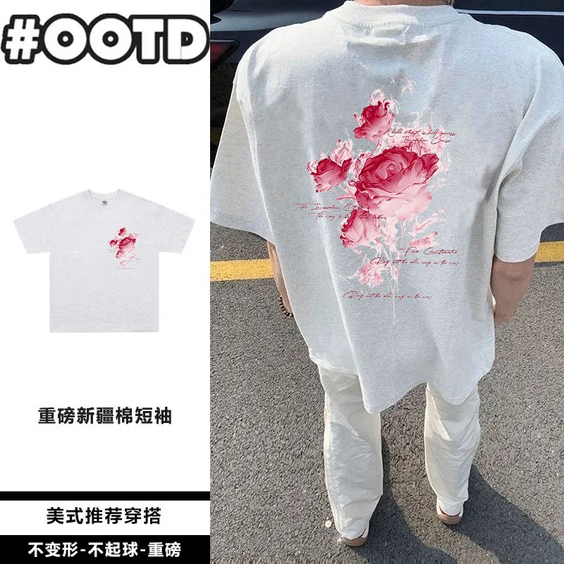 花灰色纯棉潮流美式休闲印花韩版短袖夏季国潮男女款宽松T恤上衣