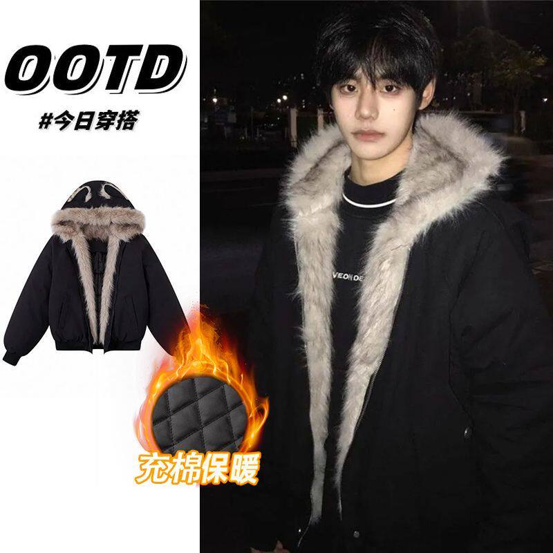 兔耳朵座山雕毛领棉服男女款冬季黑色时尚高级感棉衣加厚保暖外套
