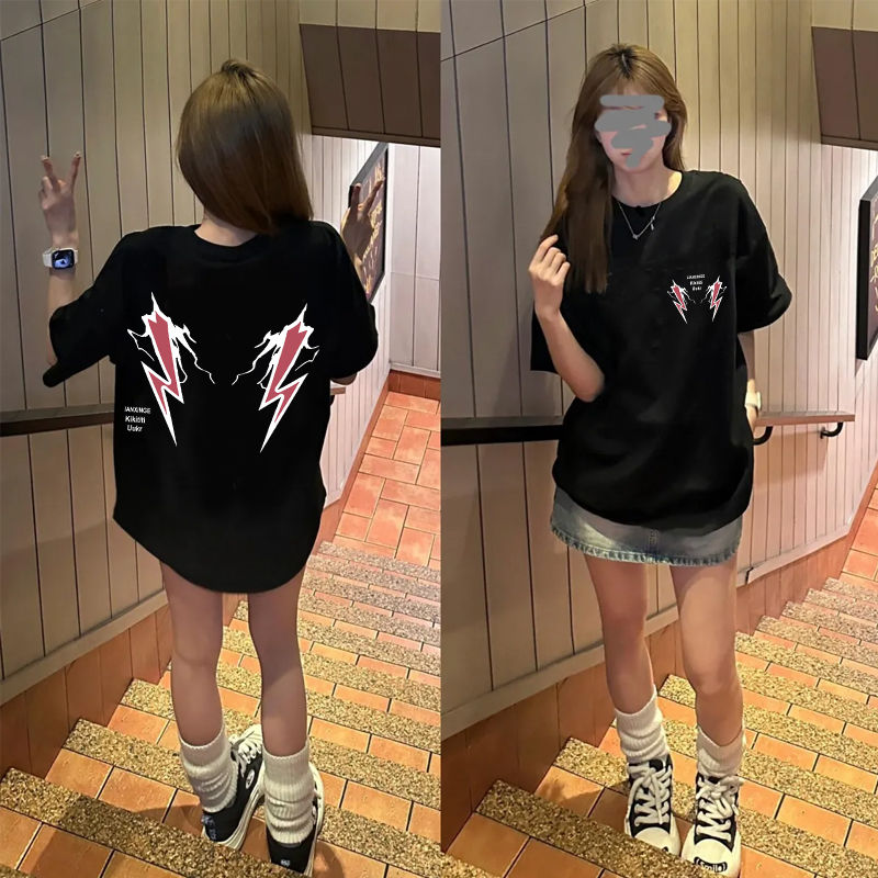 潮牌黑色重磅纯棉夏季上衣闪电印花短袖T恤男女情侣学院风ins半袖