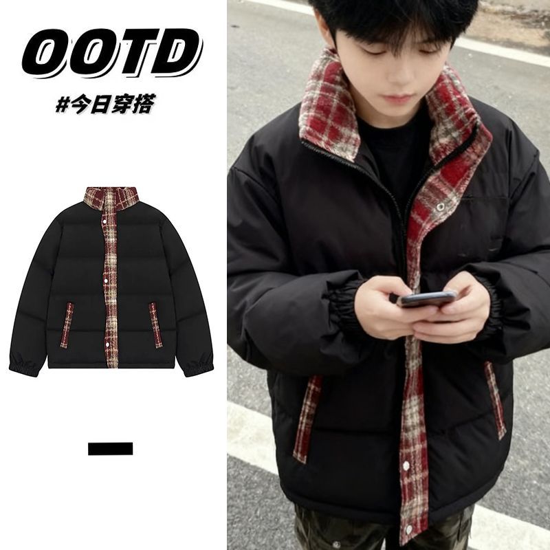 韩版复古格子拼接棉衣棉服男女款冬季加厚保暖立领面包服棉袄外套