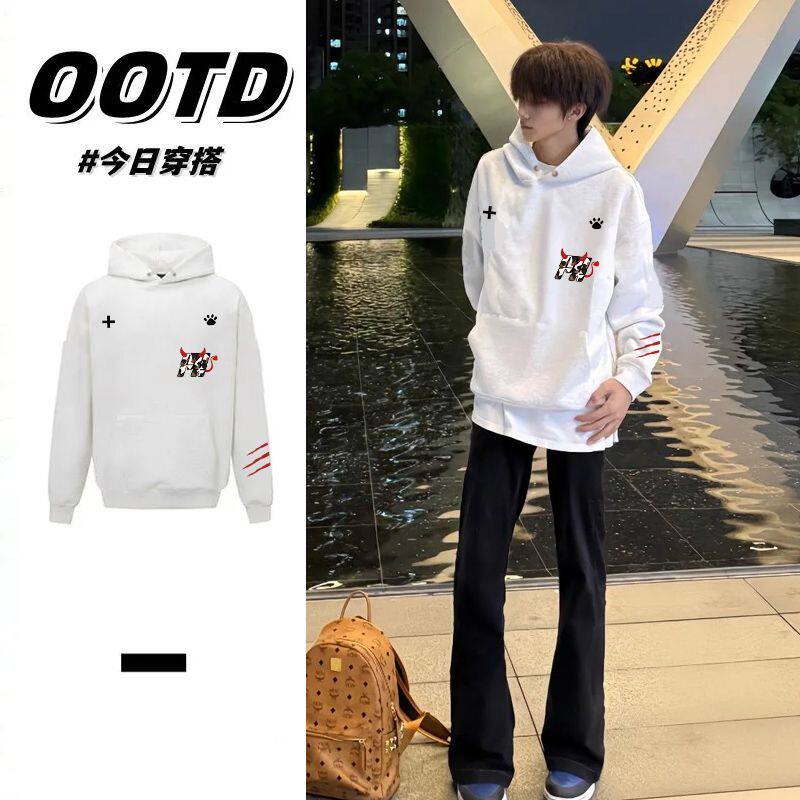 潮牌设计感印花连帽卫衣男女情侣秋冬美式高级感小众加绒加厚帽衫