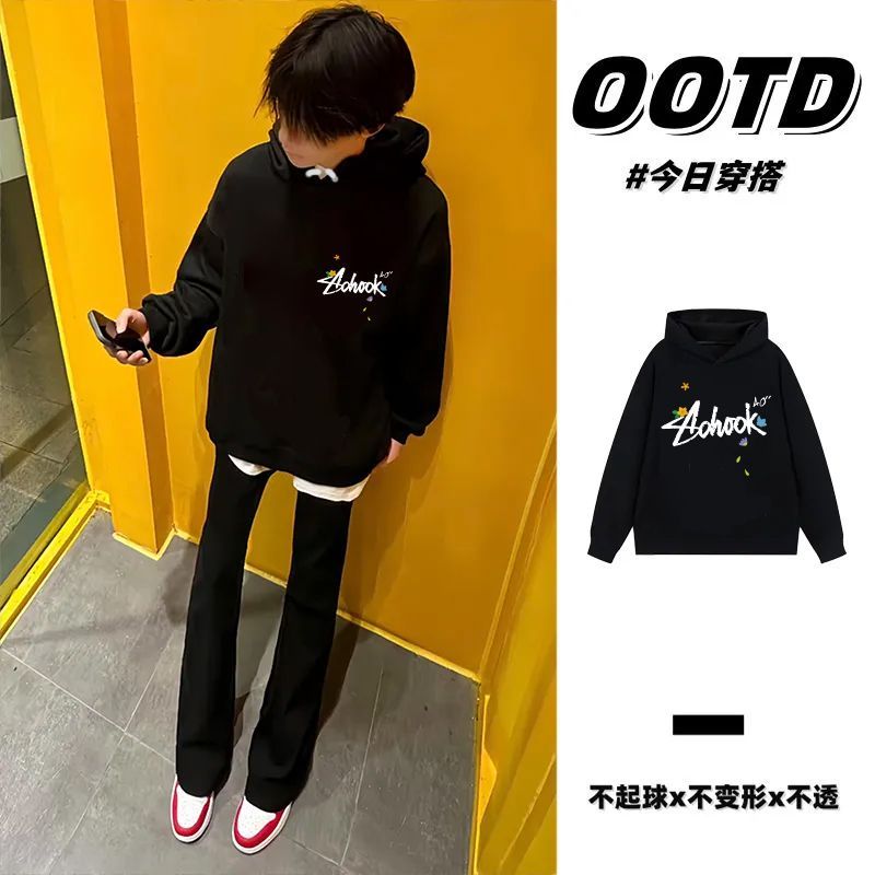 美式高街痞帅字母印花连帽卫衣纯棉休闲男女情侣加绒加厚秋冬帽衫