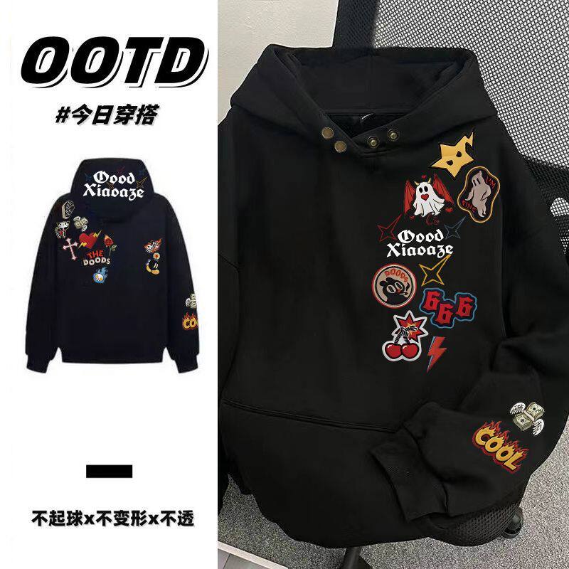 秋冬潮牌设计感印花纯棉帽衫男女情侣韩版加绒加厚纽扣款连帽卫衣