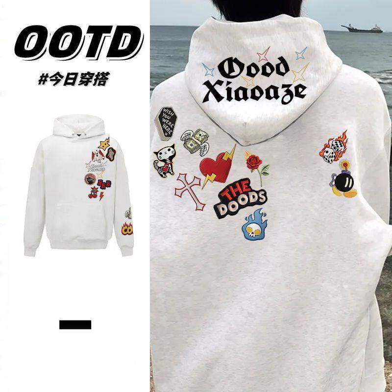 花灰色秋冬潮牌设计感印花纯棉连帽卫衣男女情侣韩版加绒加厚帽衫