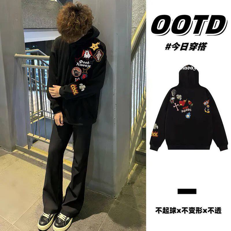 秋冬季美式潮牌设计感印花纯棉连帽卫衣男女情侣韩版加绒加厚帽衫