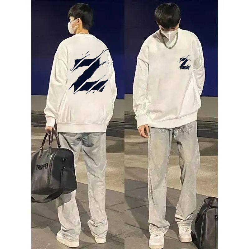 纯棉原宿风字母印花圆领卫衣男女秋冬季情侣潮牌加绒加厚无帽上衣